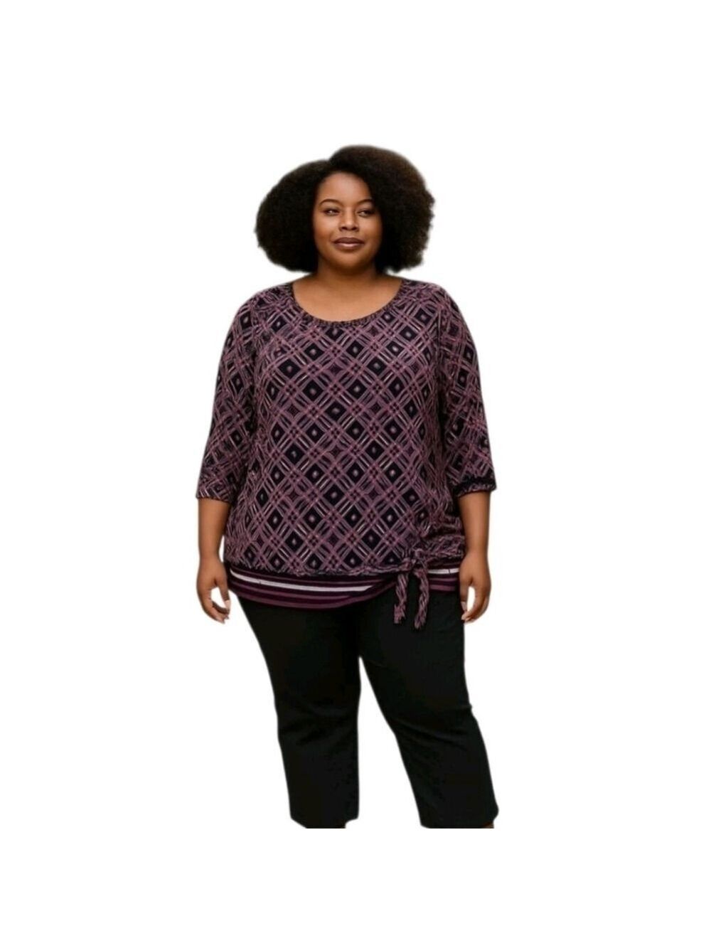 PerSeption Black Purple Geometric Scoop Neck Kimono Sleeve Plus Size 2X Blouse